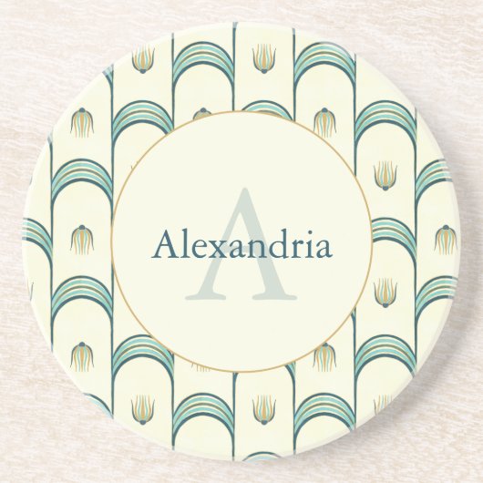 Custom Name & Monogram Art Deco Teal & Gold Zandsteen Onderzetter (Voorkant)
