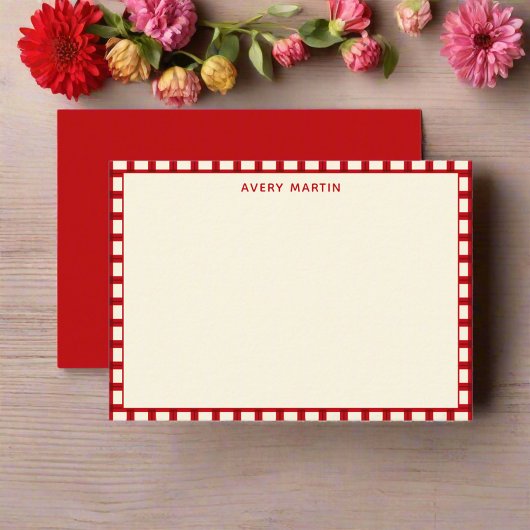 Custom Name Monogram Gingham Red Feminine Notitiekaartje