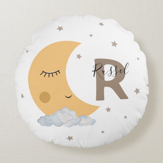 Custom Name Moon Nursery Pillow in Brown Tan Cute Rond Kussen (Voorkant)