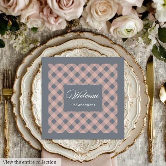 Custom Name Napkins Coral Grey Plaid Elegant Servet