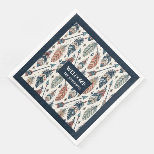 Custom Name Napkins Ethnic Chic Feathers Design Servet (Hoek)