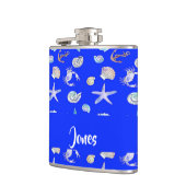 Custom name nautical print on blue heupfles (Links)