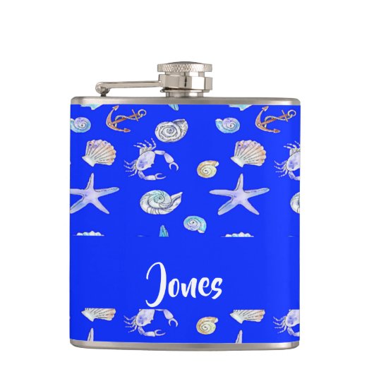 Custom name nautical print on blue heupfles (Voorkant)