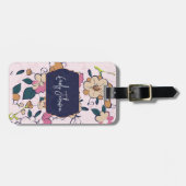 Custom Name Navy Blue Floral Abstract Script Name Bagagelabel (Voorkant horizontaal)