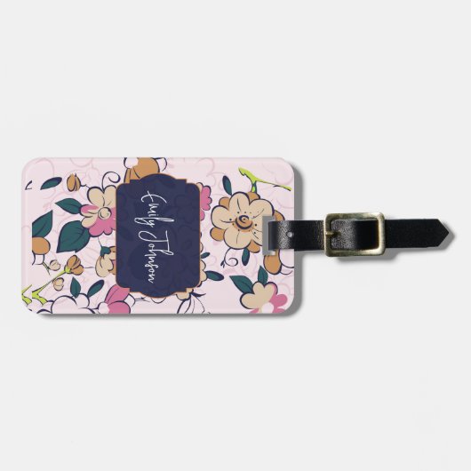 Custom Name Navy Blue Floral Abstract Script Name Bagagelabel (Voorkant horizontaal)