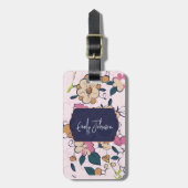 Custom Name Navy Blue Floral Abstract Script Name Bagagelabel (Voorkant verticaal)