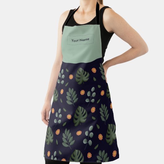 Custom Name Navy Botanical Apron Schort (Insitu)