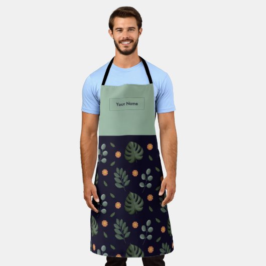 Custom Name Navy Botanical Apron Schort (Gedragen)