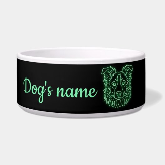 Custom Name Neon Border Collie Glow Voerbakje (Voorkant)