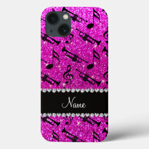Custom name neon pink glitter trumpets music notes iPhone 13 hoesje