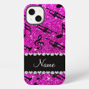 Custom name neon pink glitter trumpets music notes iPhone 13 hoesje