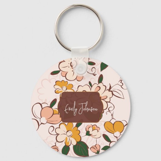 Custom Name Nostalgic Flower Garden Beige Pink Sleutelhanger (Voorkant)