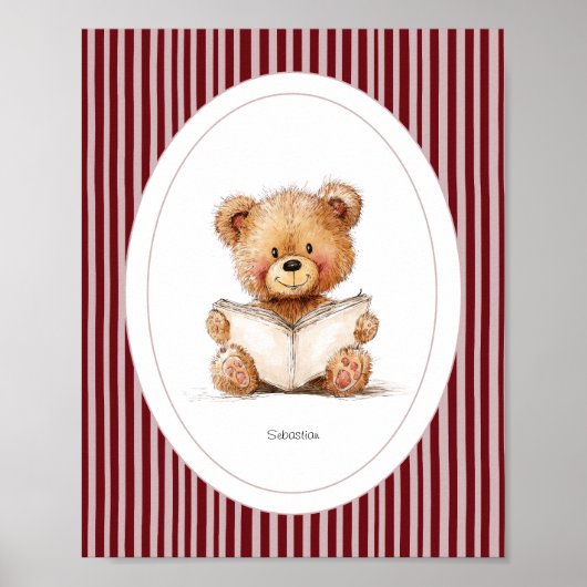 Custom Name Nursery Wall Art - Teddy Bear Reading Poster (Voorkant)