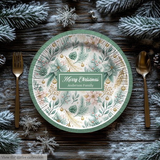 Custom Name Paper Plates White Poinsettia Holiday Papieren Bordje