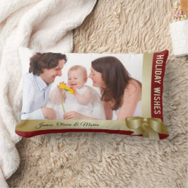 Custom Name & Photo Holiday Red, Gold Bow Kussen