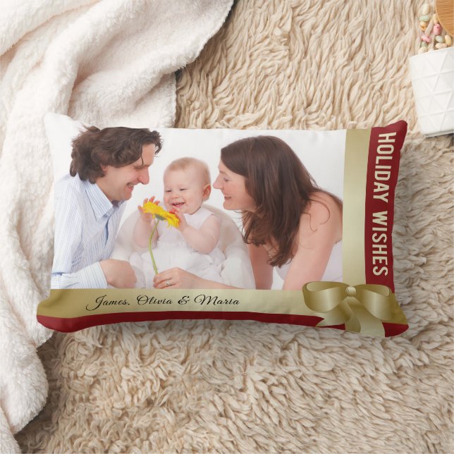 Custom Name & Photo Holiday Red, Gold Bow Kussen (Deken)