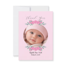 Custom Name Photo, Pink Roses Baby Thank you Card 