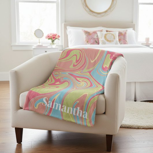 Custom Name Pink and Green Marble Fleece Blanket Deken