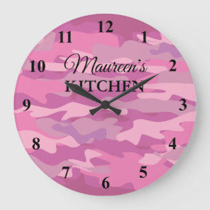 Custom name pink army camo kitchen wall clock grote klok