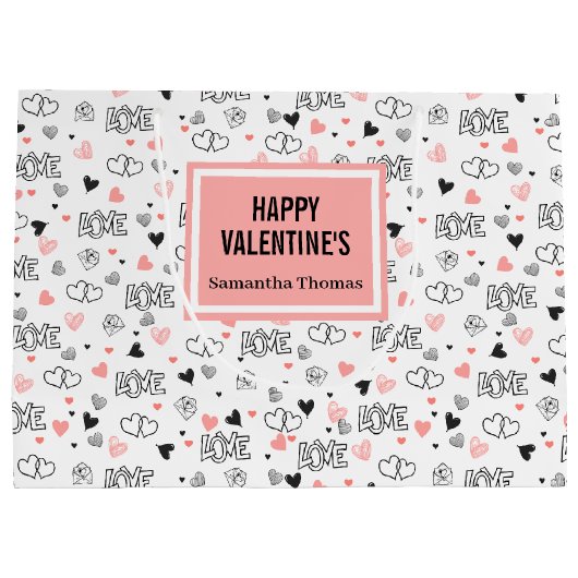 Custom Name Pink Black Hearts Classic Gift Wrap  Groot Cadeauzakje (Achterkant)