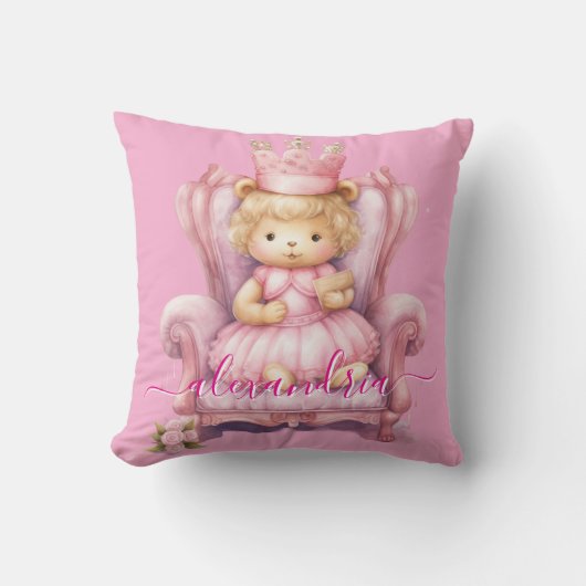 Custom Name Pink Girly Teddy Bear Throw Pillow Kussen (Voorkant)