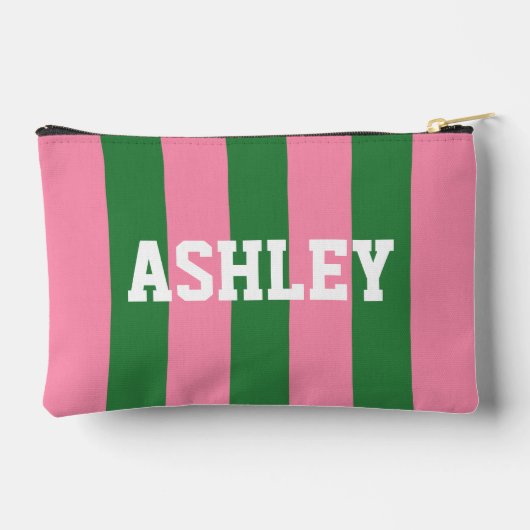 Custom Name Pink Green Stripe Accessory Pouch Etui (Achterkant)