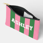 Custom Name Pink Green Stripe Accessory Pouch Etui (Open)
