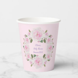 Custom Name, Pink Roses Paper Cups Baby Shower Papieren Bekers