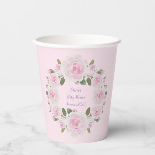 Custom Name, Pink Roses Paper Cups Baby Shower Papieren Bekers (Voorkant)