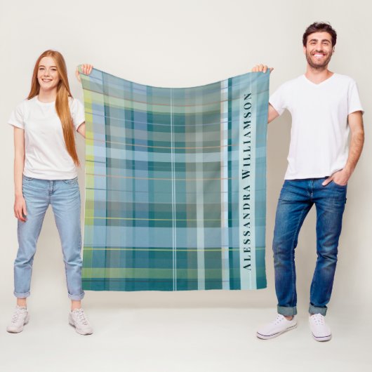 Custom Name Plaid Check Blue Teal Modern Stylish Fleece Deken (In situ)