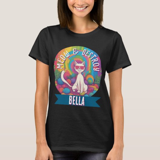Custom Name Psychedelic Cat Meow & Destroy T-shirt (Voorkant)