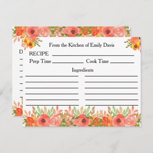 Custom Name Recept Kaarten met bloemen en groen (Voorkant / Achterkant)