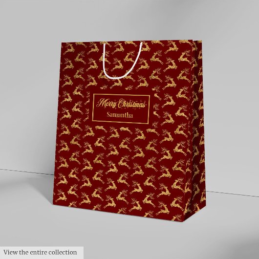 Custom Name Red and Gold Reindeer Gift Bag Medium Cadeauzakje