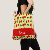 Custom name red cherries on yellow tote bag (Dichtbij)