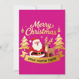 Custom Name Red Gold Santa Reindeer Christmas Card Feestdagenkaart