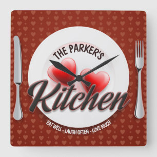 Custom NAME Red Hearts Family Diner Kitchen Vierkante Klok
