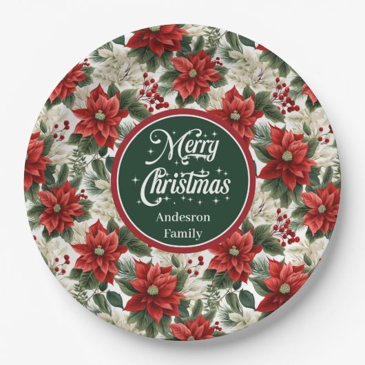 Custom Name Red Poinsettia Christmas Party Plates  Papieren Bordje (Voorkant)