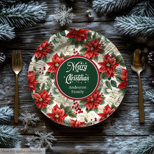 Custom Name Red Poinsettia Christmas Party Plates  Papieren Bordje