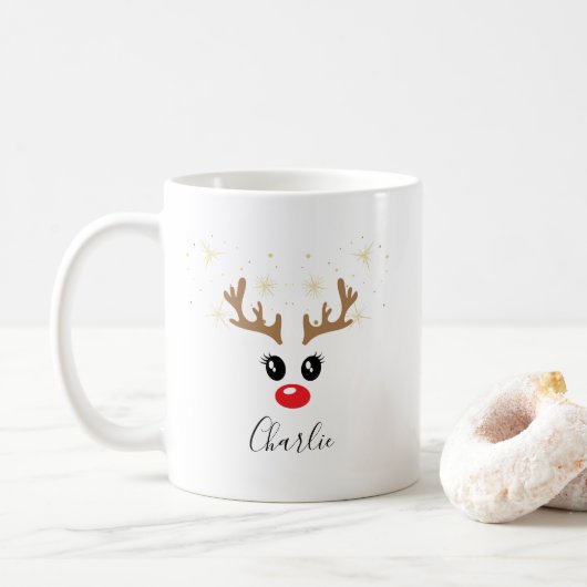 Custom Name Reindeer Christmas Mug Koffiemok (Met donut)
