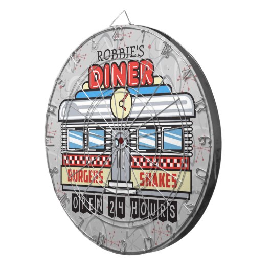 Custom NAME Retro 50s Diner Sign Fifties Atomic Dartbord (Voorkant Rechts)