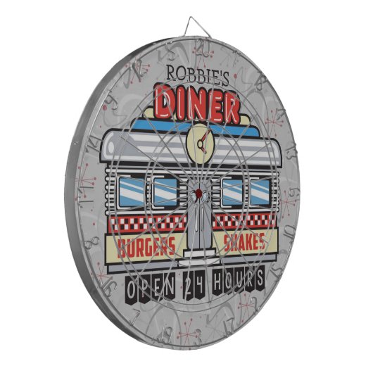 Custom NAME Retro 50s Diner Sign Fifties Atomic Dartbord (Voorkant Links)