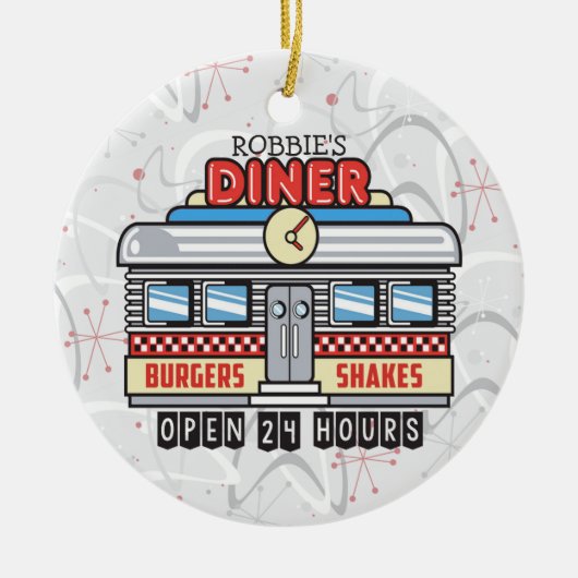 Custom NAME Retro 50s Diner Sign Fifties Atomic Keramisch Ornament (Voorkant)