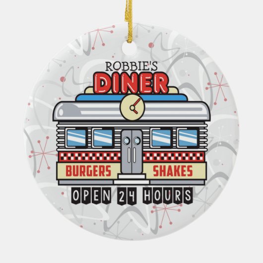 Custom NAME Retro 50s Diner Sign Fifties Atomic Keramisch Ornament (Achterkant)