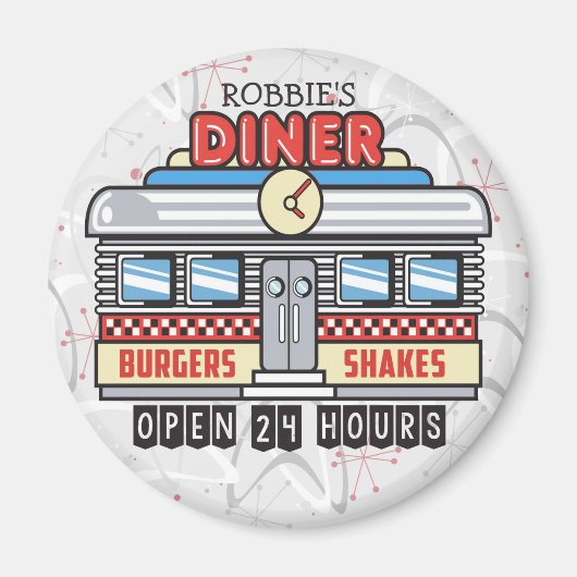Custom NAME Retro 50s Diner Sign Fifties Atomic Magneet (Voorkant)