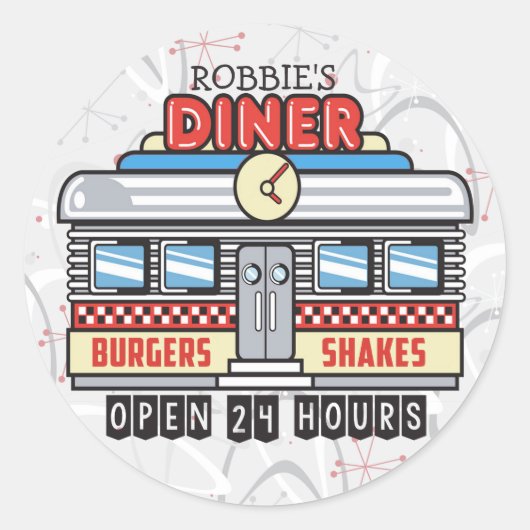 Custom NAME Retro 50s Diner Sign Fifties Atomic Ronde Sticker (Voorkant)