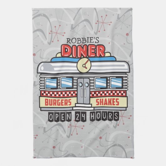 Custom NAME Retro 50s Diner Sign Fifties Atomic Theedoek (Verticaal)