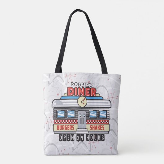 Custom NAME Retro 50s Diner Sign Fifties Atomic Tote Bag (Achterkant)