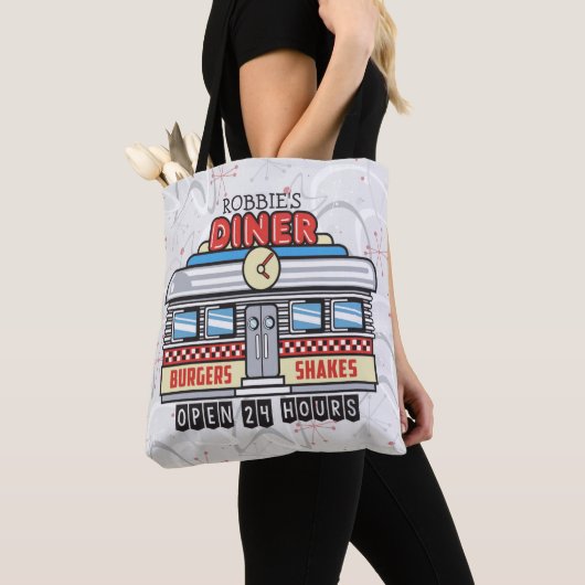 Custom NAME Retro 50s Diner Sign Fifties Atomic Tote Bag (Dichtbij)