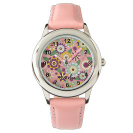 Custom Name Retro 70s Floral on Pastel Pink Girls Horloge