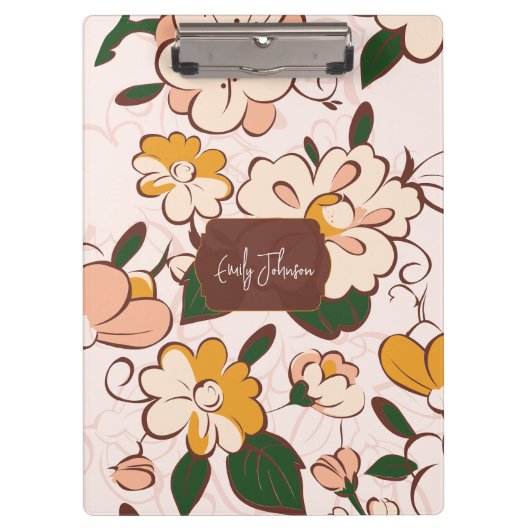 Custom Name Retro Floral Meadow Cream Peach Yellow Klembord (Voorkant)